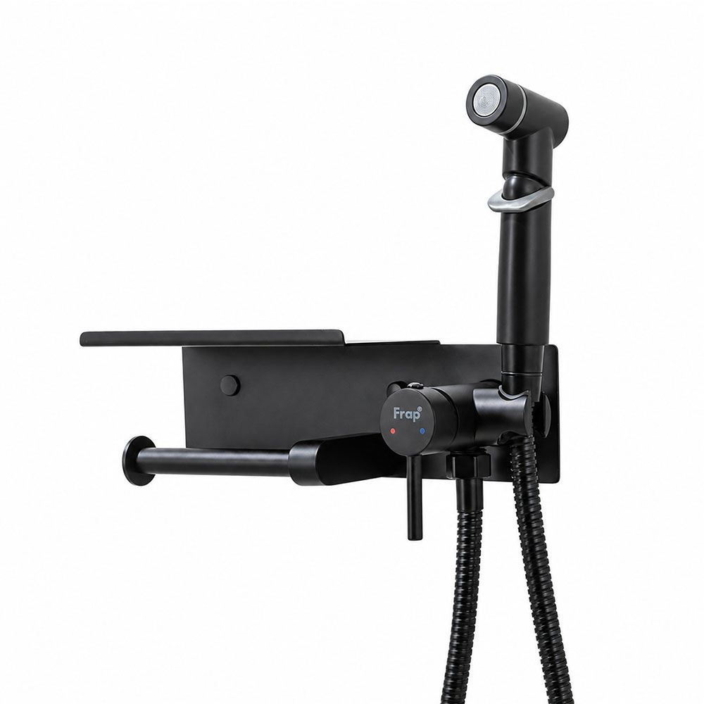 Гигиенический душ со смесителем и полочкой FRAP F2075-6, черный арт. 189719