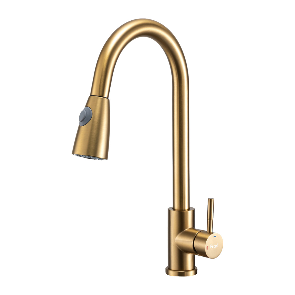 Смеситель для кухни с выдвижным изливом и режимом душ FRAP F60991-3, золотой сатин арт. 172655