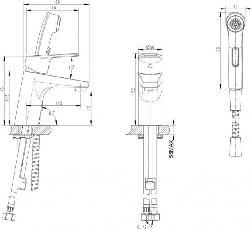 Смеситель для раковины с гигиеническим душем Bravat Line F15299C-2, хром арт. 163141