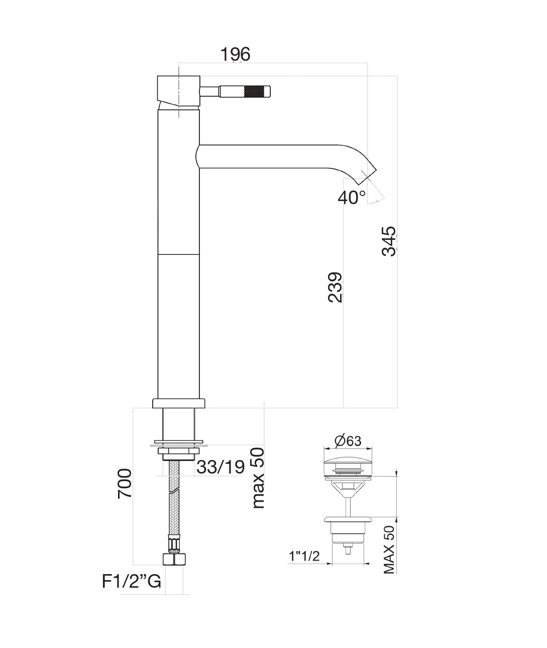 Высокий смеситель для раковины Fiore XENON 44NN5288, черный (с донным клапаном) арт. 162283
