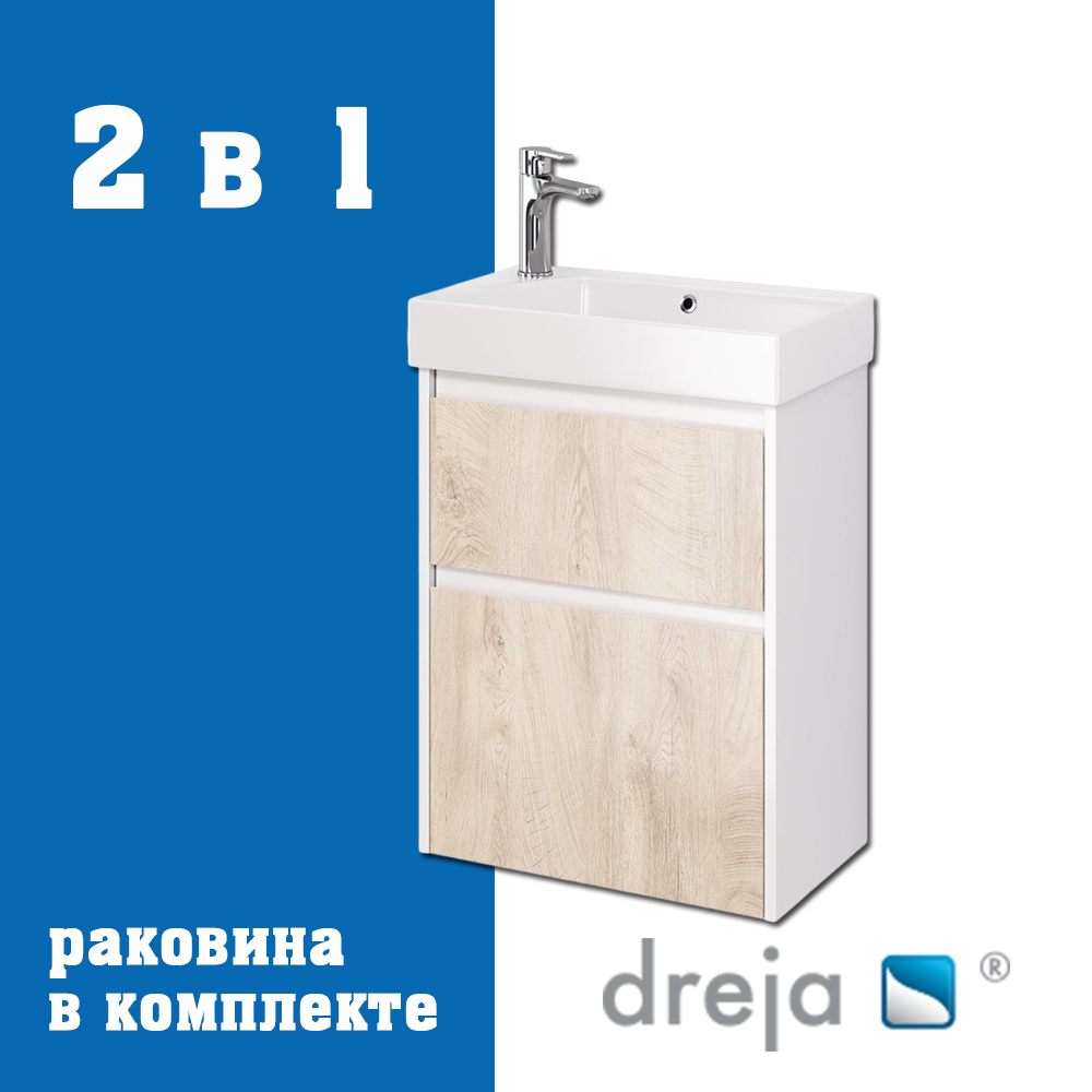 Тумба с раковиной подвесная Dreja Slim 55 см, белый/дуб кантри арт. 177340