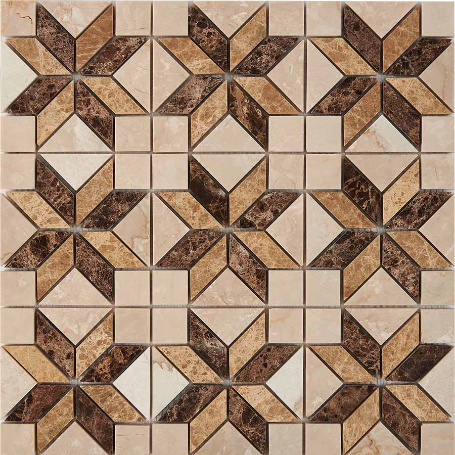 PIX 286 Botticino, Dark, Light Emperador, чип 23x23 мм, сетка 298х298x6 мм, Полированная арт. 73798