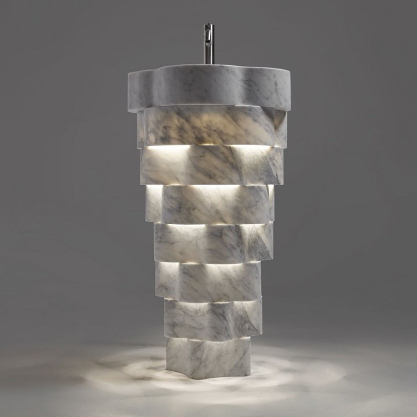 ANTL INTRECCIO Раковина напольная из камня, со сливом в пол, H85x47,5 см, LED подсв., Marmo Carrara арт. 36342