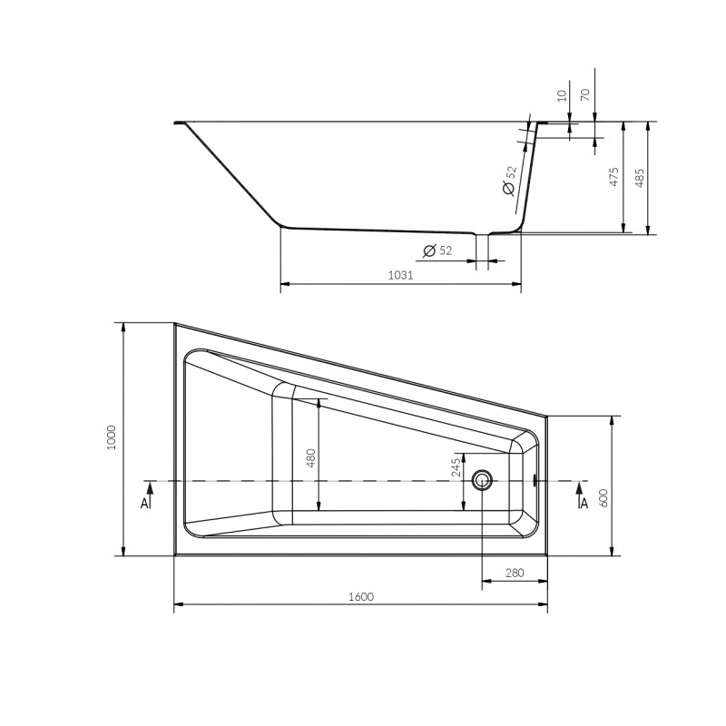 Ванна асимметричная CREA 160x100 правая белый арт. 21450