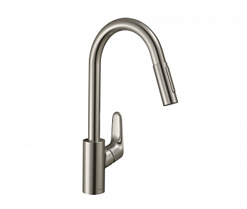 HANSGROHE FOCUS Смеситель для кухни однорычажный, с выдвижным душем, ½´, отделка под сталь арт. 40313