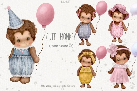 Обезьянки с воздушными шарами — клипарт — Клипарт, PNG