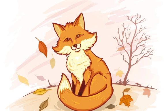 Иллюстрация: милая лиса на фоне осеннего пейзажа — Цифровые иллюстрации, EPS