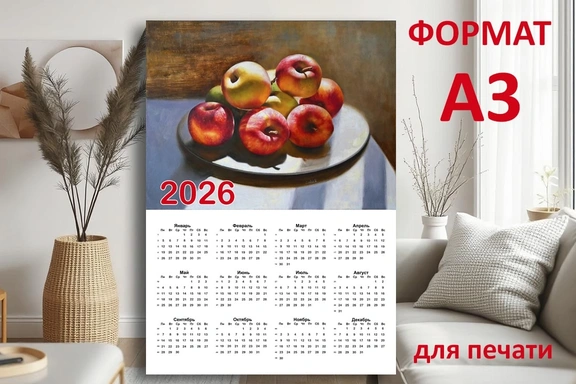 Календарь А3 для печати с авторской картиной "Яблоки освещённые солнцем" — Календарь, PDF