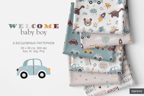 Welcome baby boy. Бесшовные паттерны — Паттерны, EPS