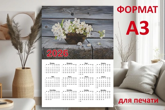 Календарь А3 для печати с авторской картиной "Весенние цветы" — Постер, PDF