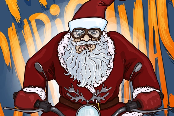 Рождественская иллюстрация: Санта Клаус на мотоцикле — Цифровые иллюстрации, EPS