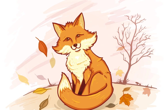 Иллюстрация: милая лиса на фоне осеннего пейзажа — Цифровые иллюстрации, EPS