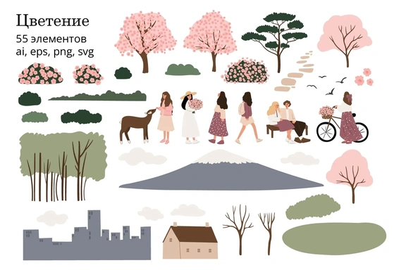 Цветение — набор векторных элементов, клипарт с женщинами и природой — Клипарт, EPS