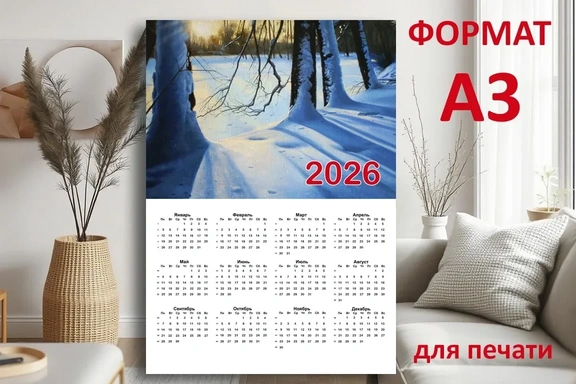 Календарь А3 для печати с авторской картиной "Зимний вечер" — Календарь, PDF