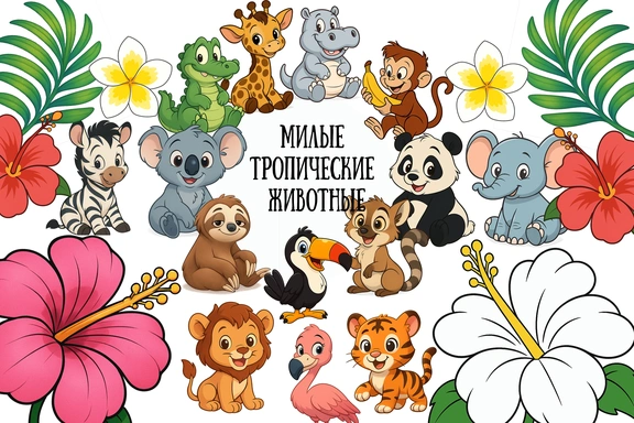 Клипарт "Милые тропические животные" — ИИ-иллюстрации, PNG