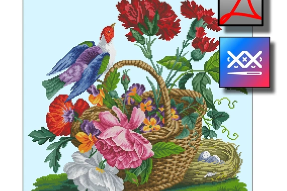 "Птичка на корзинке" восстановленная старинная схема вышивки — Схемы вышивки, PDF