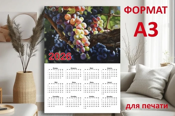 Календарь А3 для печати с авторской картиной "Виноград" — Календарь, PDF