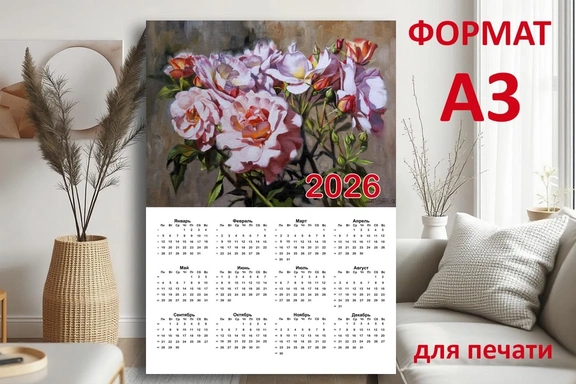 Календарь А3 для печати с авторской картиной "Розы в Павловске" — Календарь, PDF