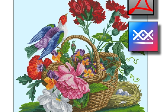 "Птичка на корзинке" восстановленная старинная схема вышивки — Схемы вышивки, PDF