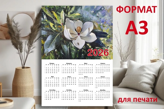 Календарь А3 для печати с авторской картиной "Белая магнолия" — Календарь, PDF