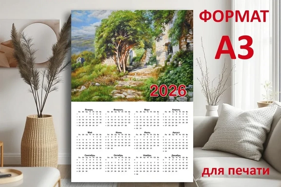 Календарь А3 для печати с авторской картиной "Романтический южный пейзаж" — Календарь, PDF