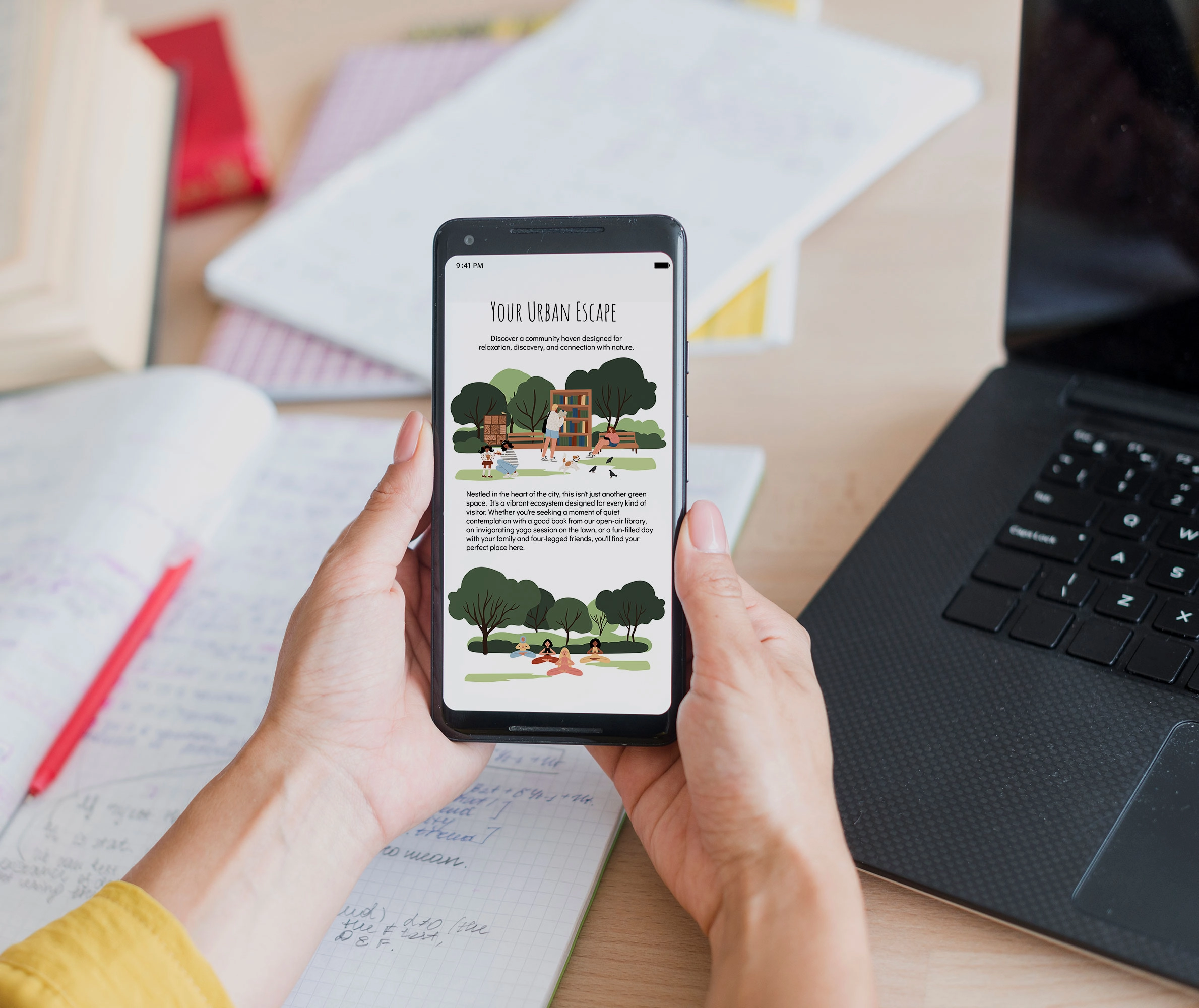 Векторные иллюстрации людей и пейзажей парка. Мультикультурные сцены отдыха, прогулок и занятий йогой на природе. - скриншот 4