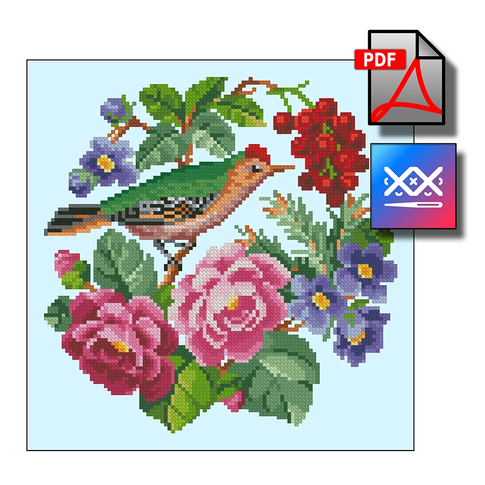 Птичка с ягодами. Старинная восстановленная схема вышивки - превью главного изображения