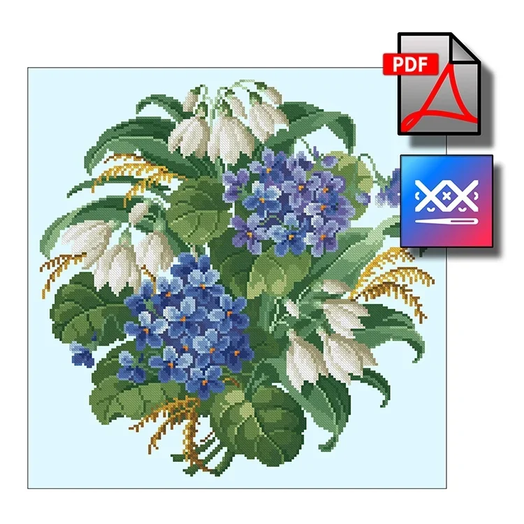 Старинная восстановленная схема для вышивки "Фиалки и подснежники". - превью главного изображения