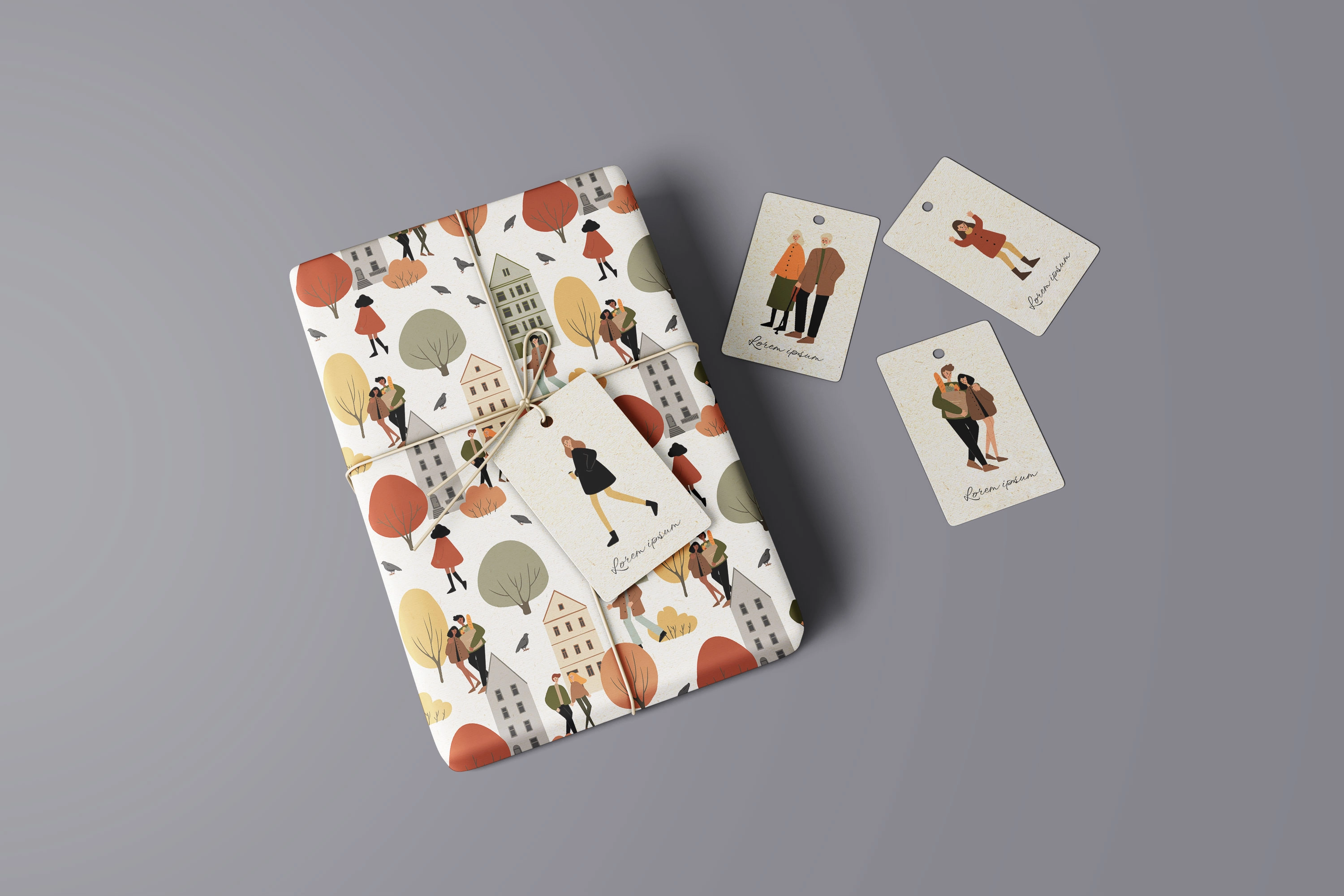 Набор бесшовных осенних паттернов с людьми на улицах, уютными домиками и сезонными деталями. - скриншот 3