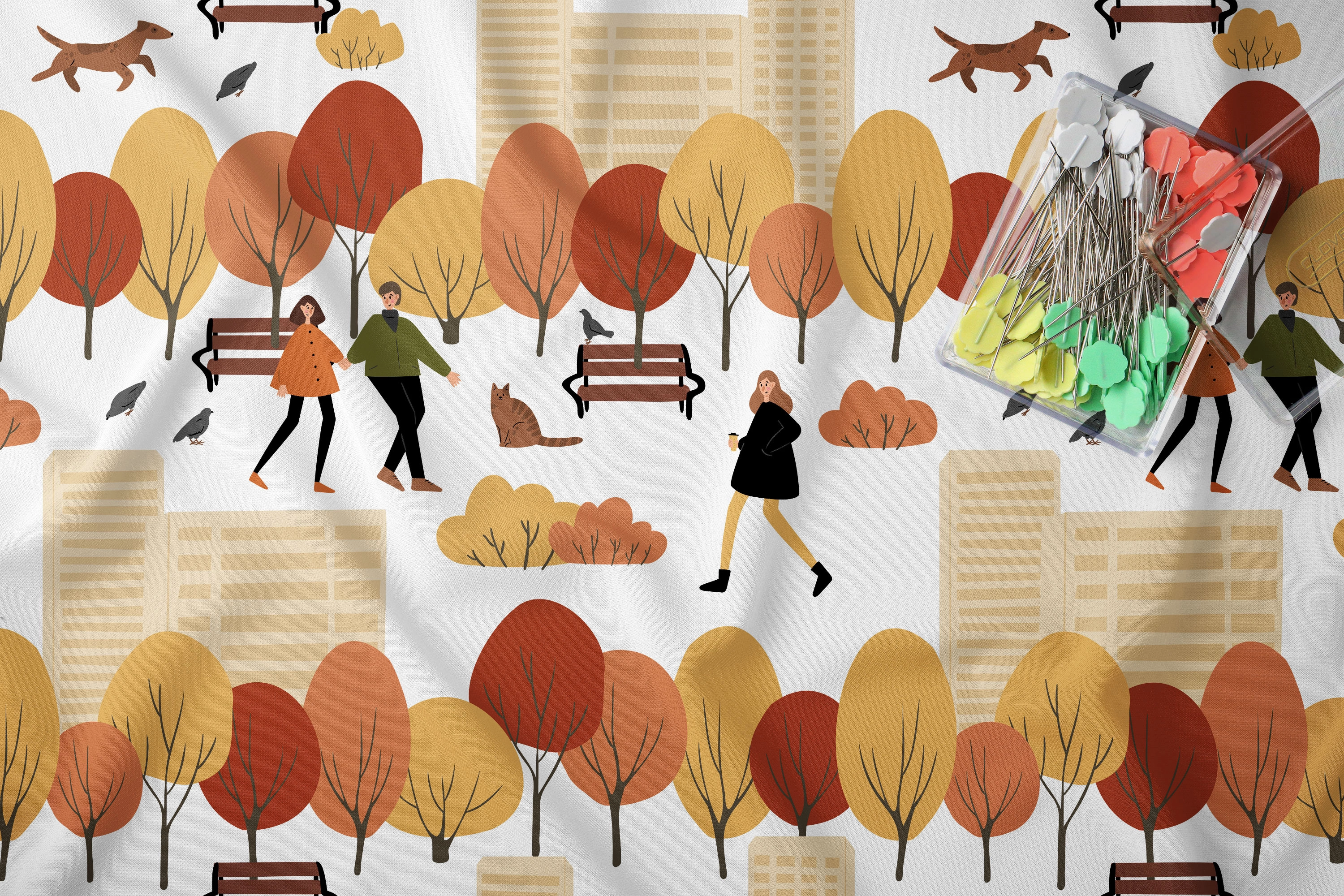 Набор бесшовных осенних паттернов с людьми на улицах, уютными домиками и сезонными деталями. - скриншот 4