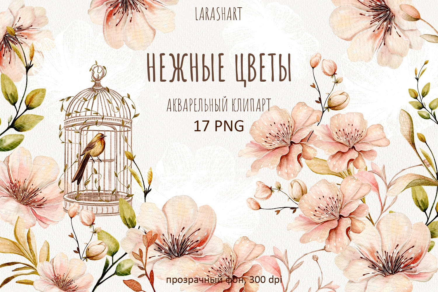 Нежные цветы — акварельный клипарт - превью главного изображения