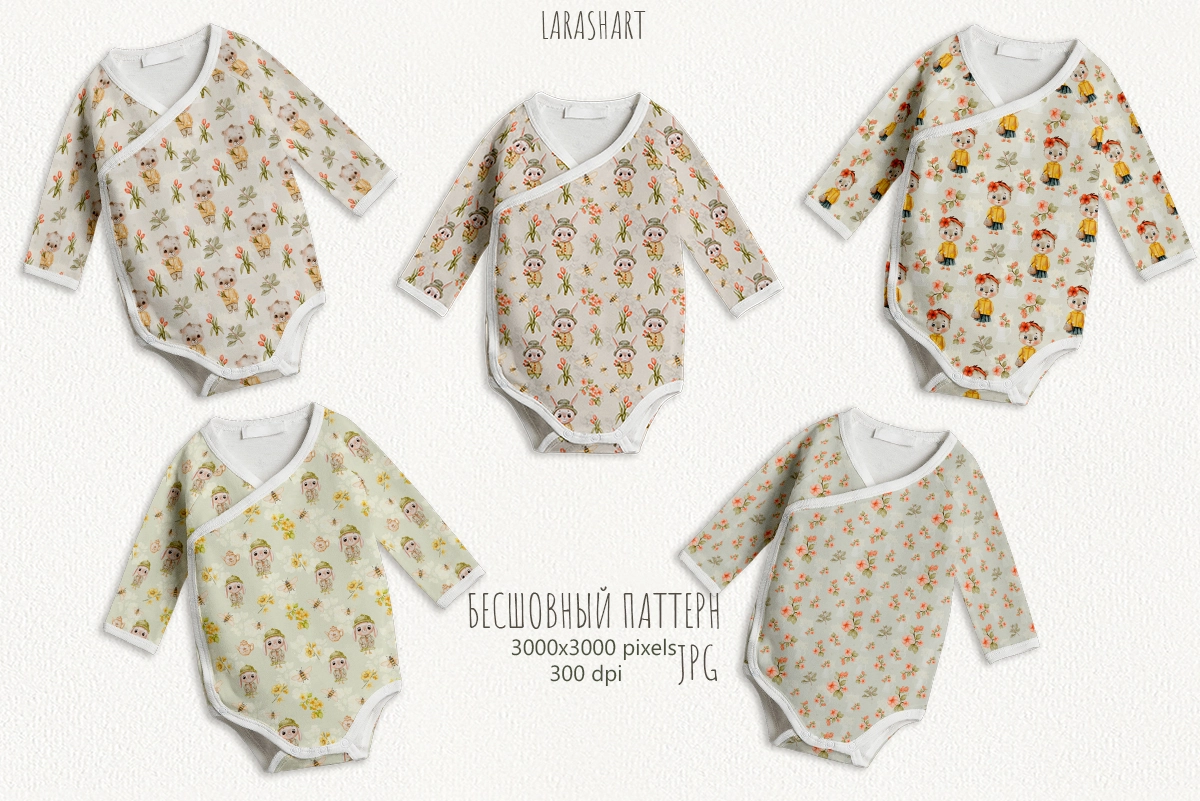 Акварельный набор бесшовных паттернов «Мишки и Весенние Цветы» - скриншот 4