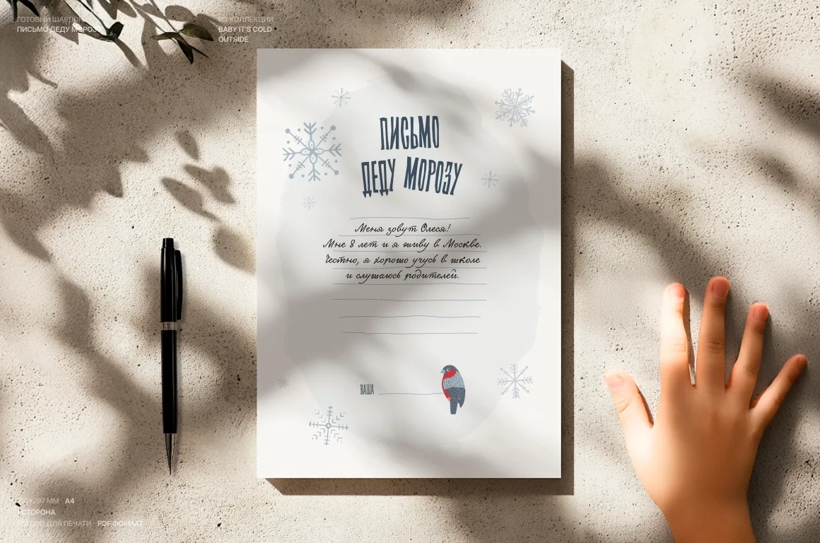 Письмо Деду Морозу. Шаблон со снегирями и снежинками - скриншот 2
