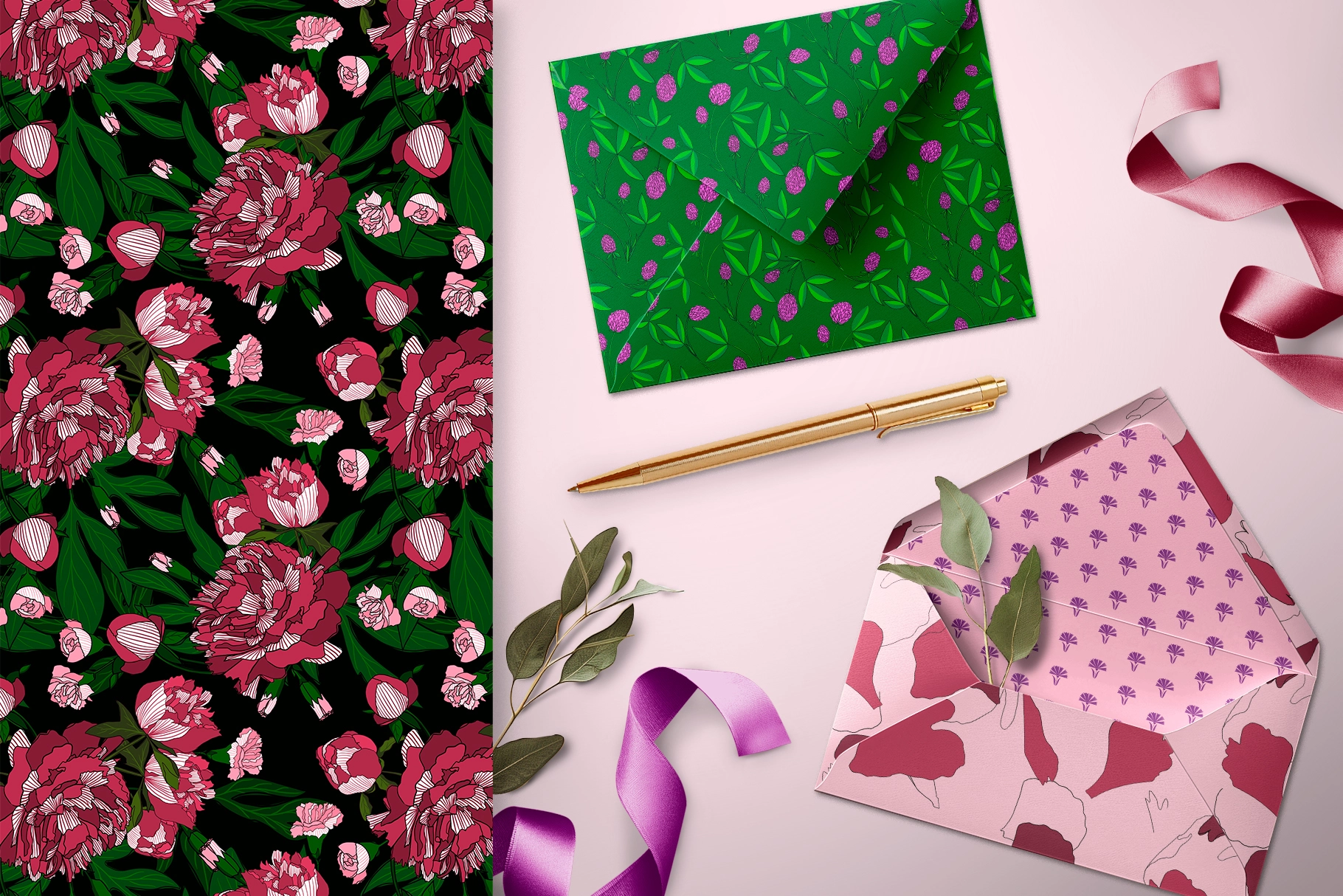 Пионы и клевер | Коллекция элементов и бесшовных паттернов - скриншот 1