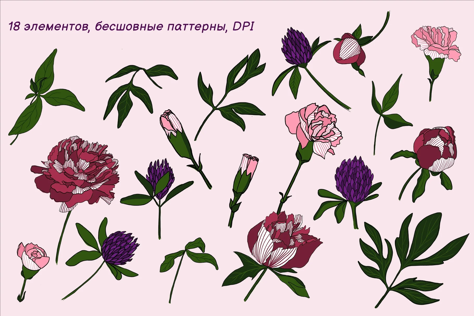 Пионы и клевер | Коллекция элементов и бесшовных паттернов - скриншот 5