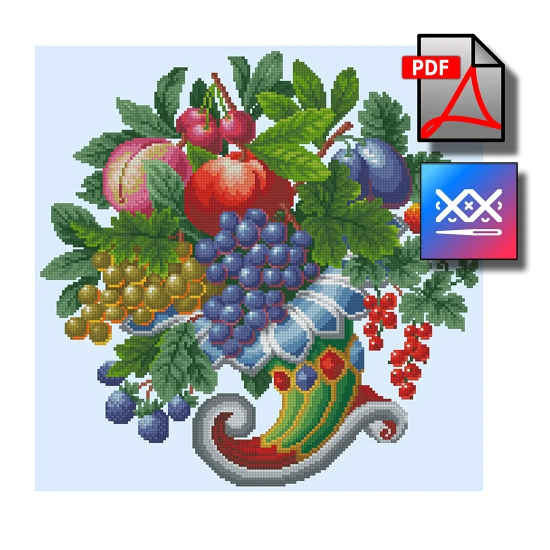 Рог изобилия с фруктами. Старинная восстановленная схема вышивки - превью главного изображения