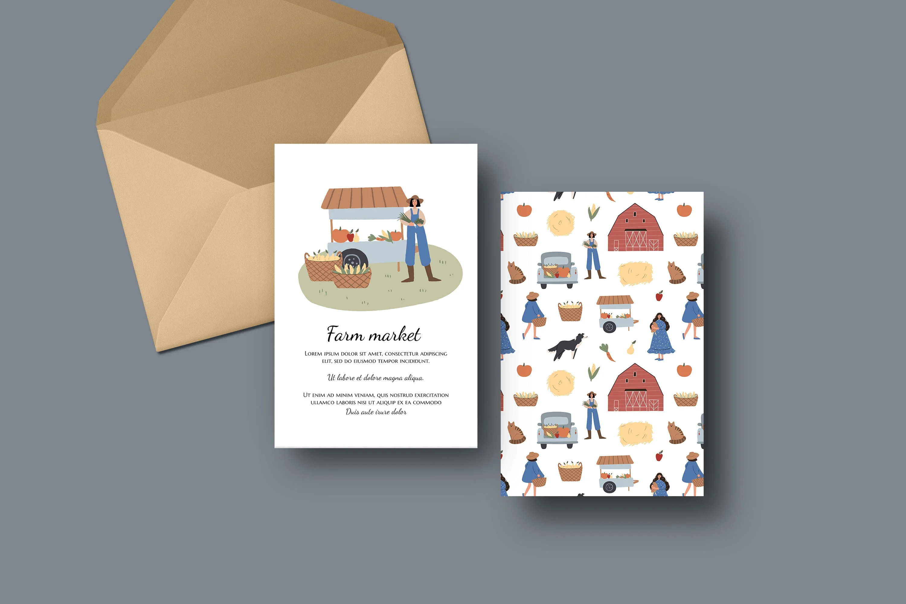 Набор бесшовных паттернов Фермерская жизнь с животными, фермерами, домиками и элементами деревни - скриншот 4