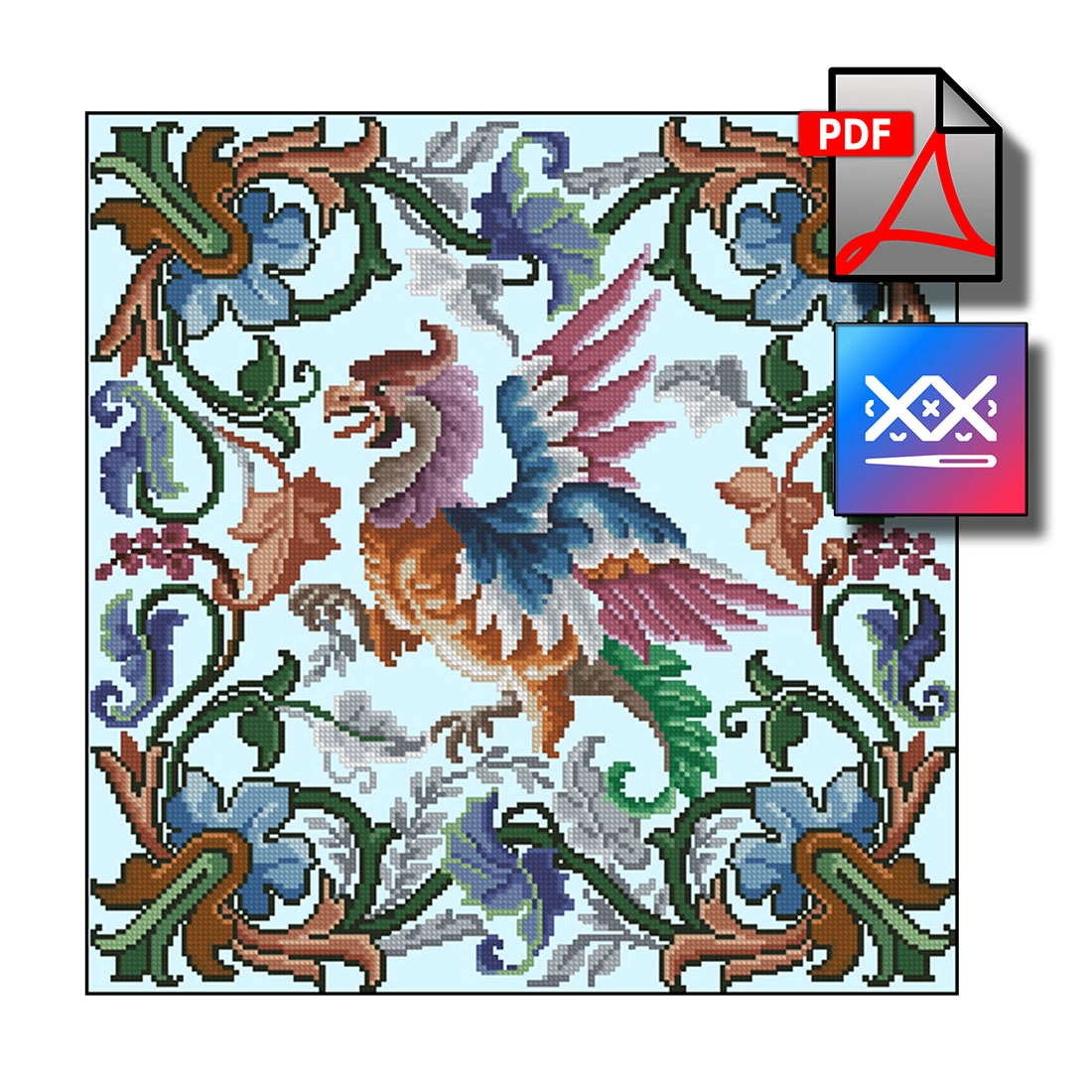 Старинная восстановленная схема для вышивки "Грифон" - превью главного изображения