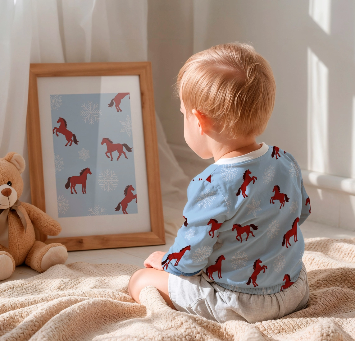 Новогодний паттерн с красными лошадками на голубом фоне - скриншот 3