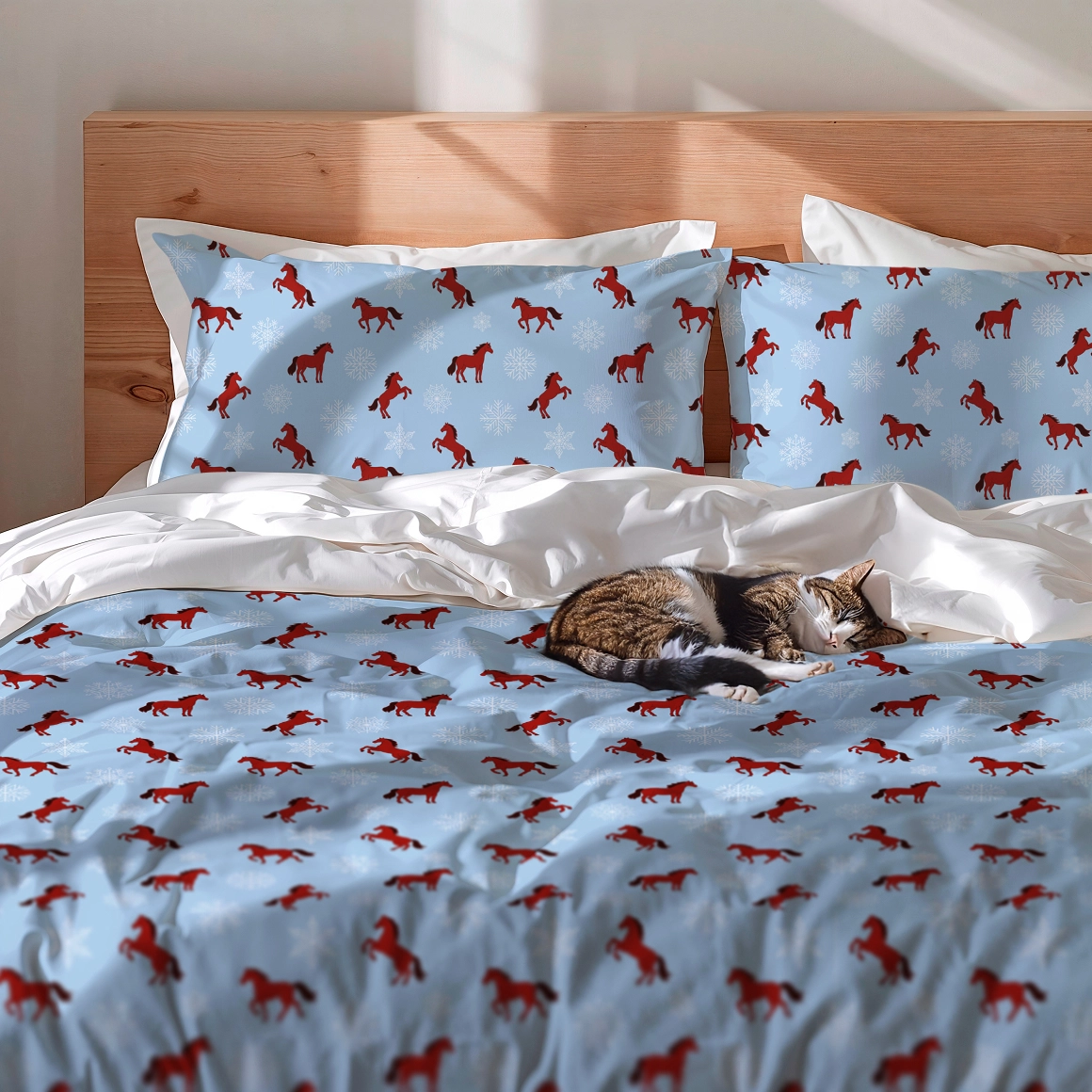 Новогодний паттерн с красными лошадками на голубом фоне - скриншот 4