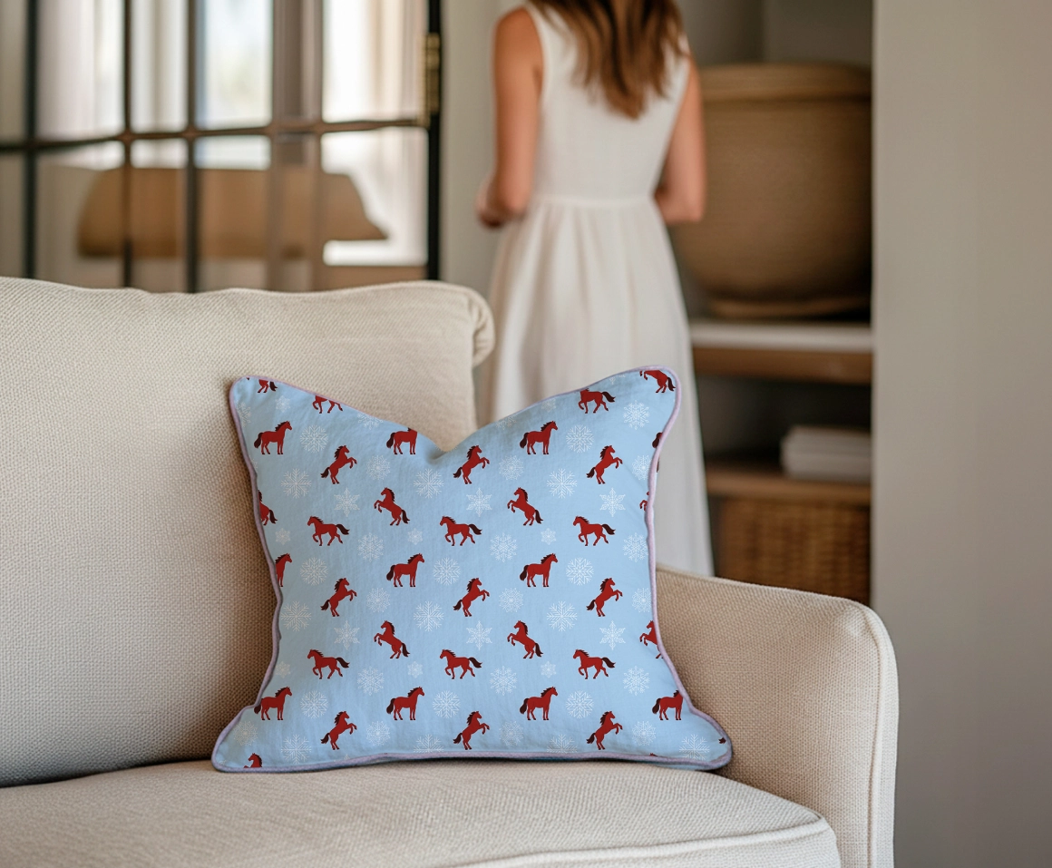 Новогодний паттерн с красными лошадками на голубом фоне - скриншот 6