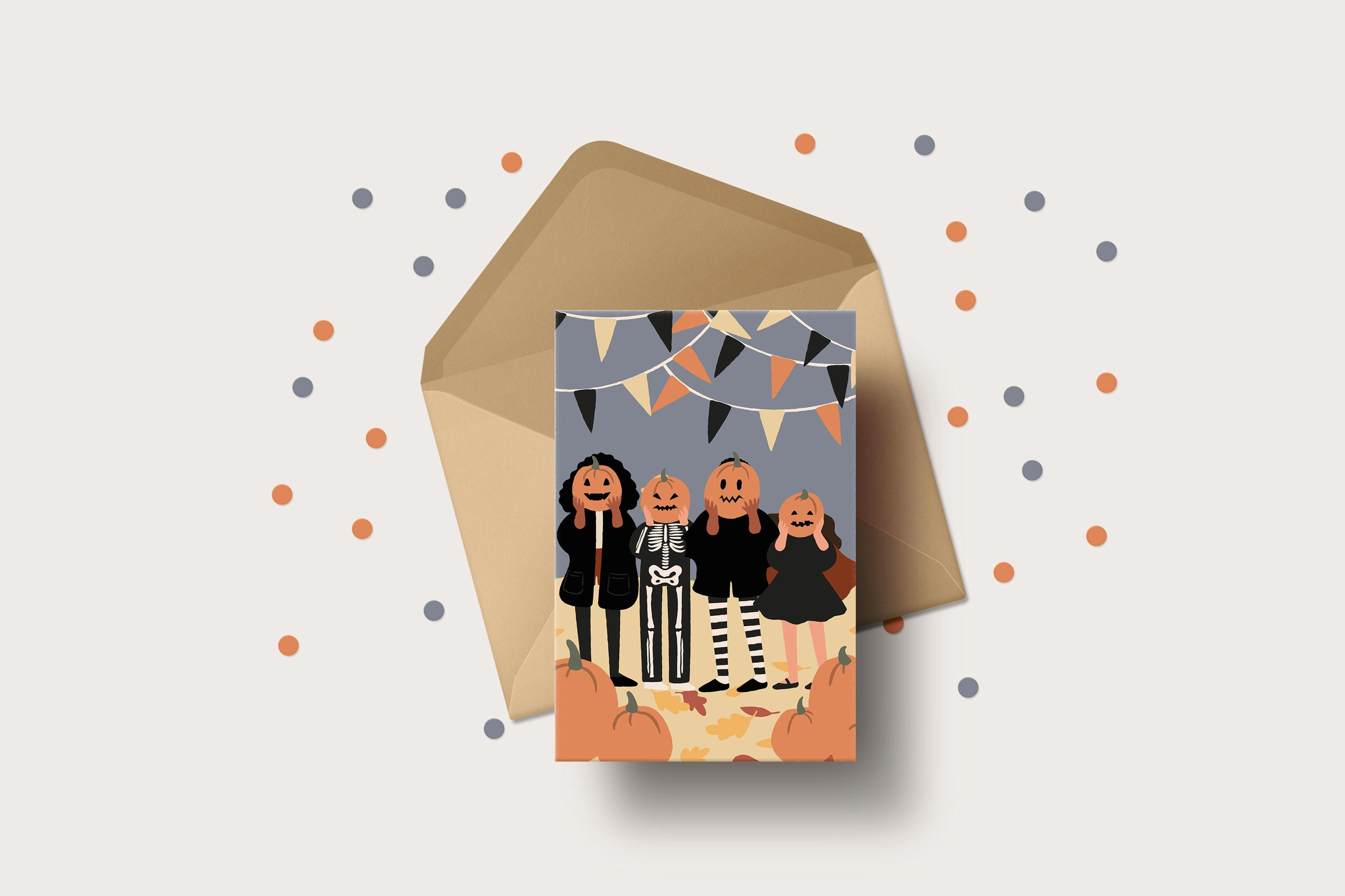 Набор иллюстраций для Хэллоуина с детьми в костюмах и осенними символами - скриншот 9