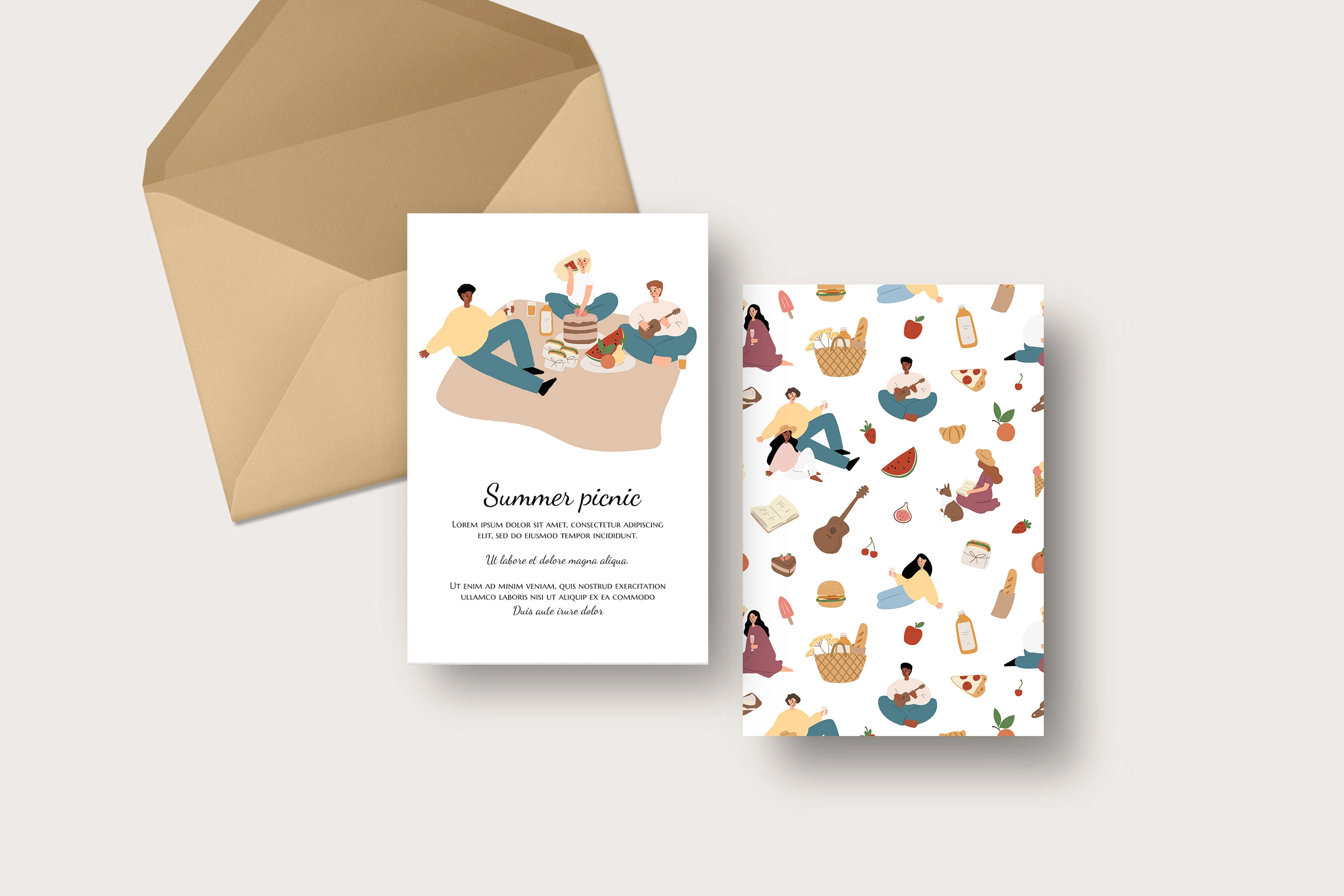 Иллюстрации сцен летнего пикника с людьми и животными в парке - скриншот 5