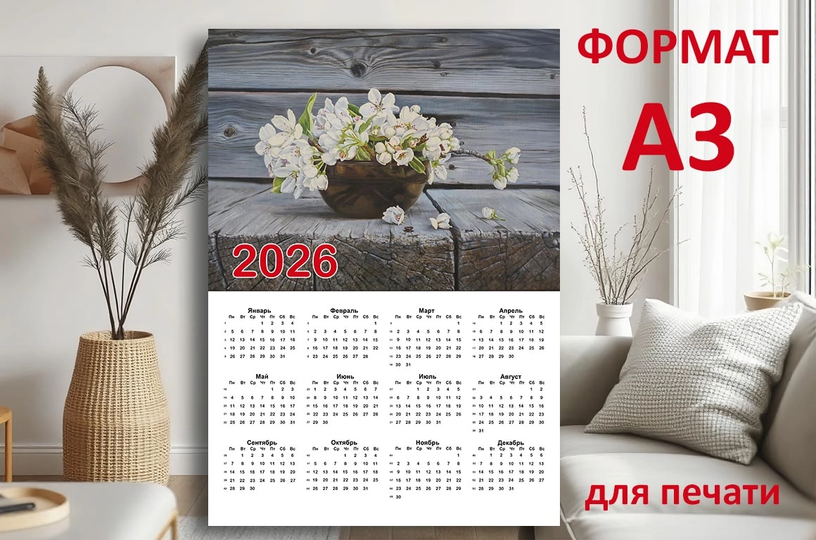 Календарь А3 для печати с авторской картиной "Весенние цветы" - превью главного изображения