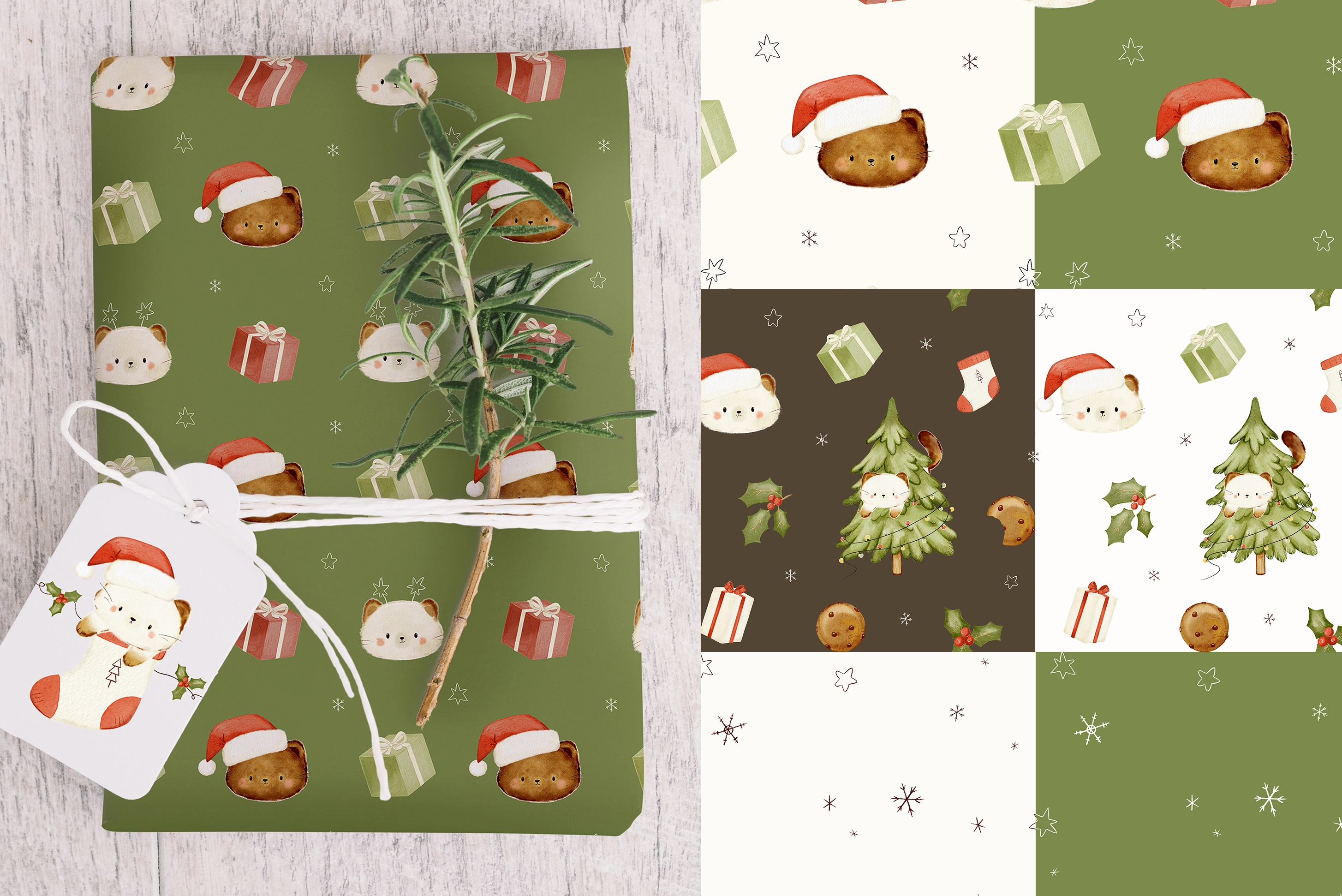 Новогодние котики, акварельная коллекция иллюстраций и паттернов - скриншот 3