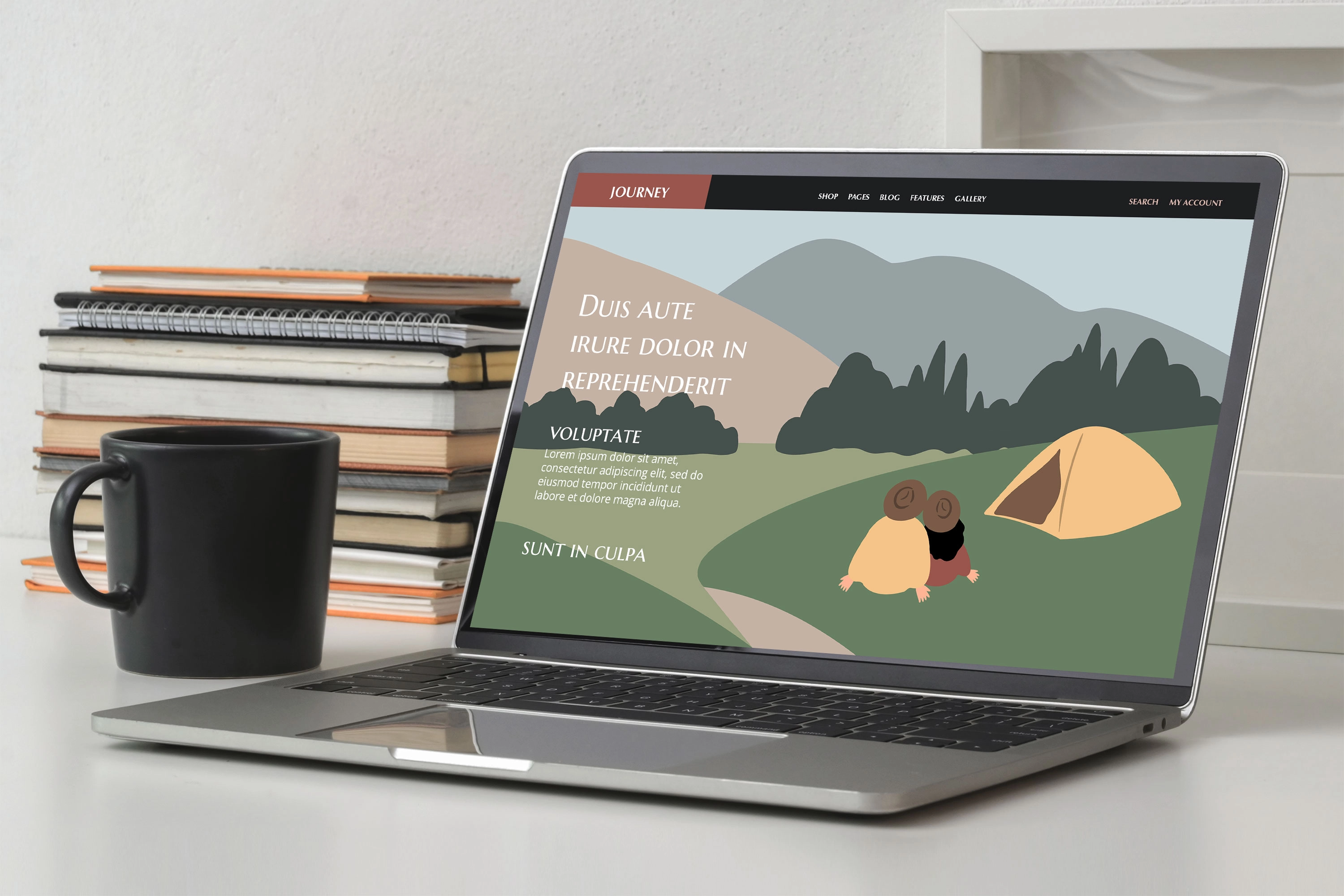 Набор уютных иллюстраций о горном путешествии с туристами, долинами, озёрами и домашними животными в спокойных сценах - скриншот 5