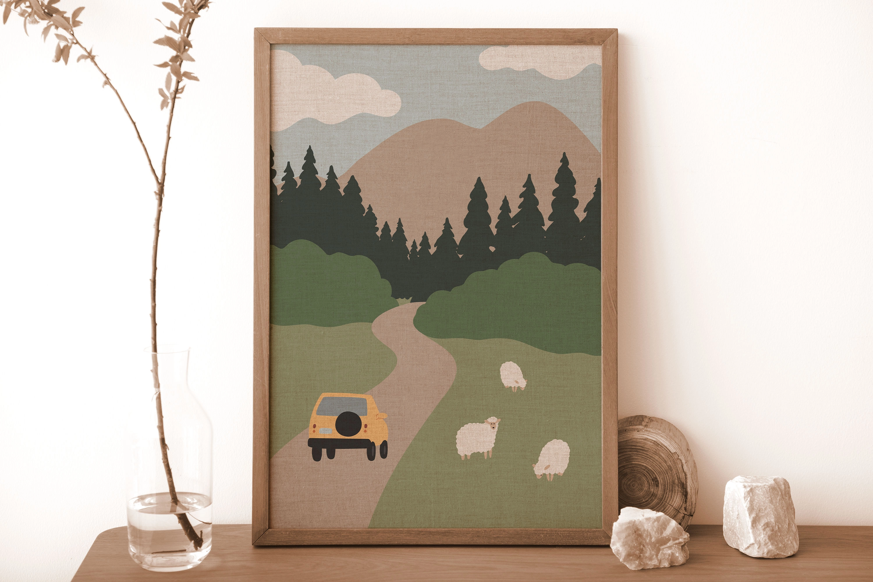 Набор уютных иллюстраций о горном путешествии с туристами, долинами, озёрами и домашними животными в спокойных сценах - скриншот 7