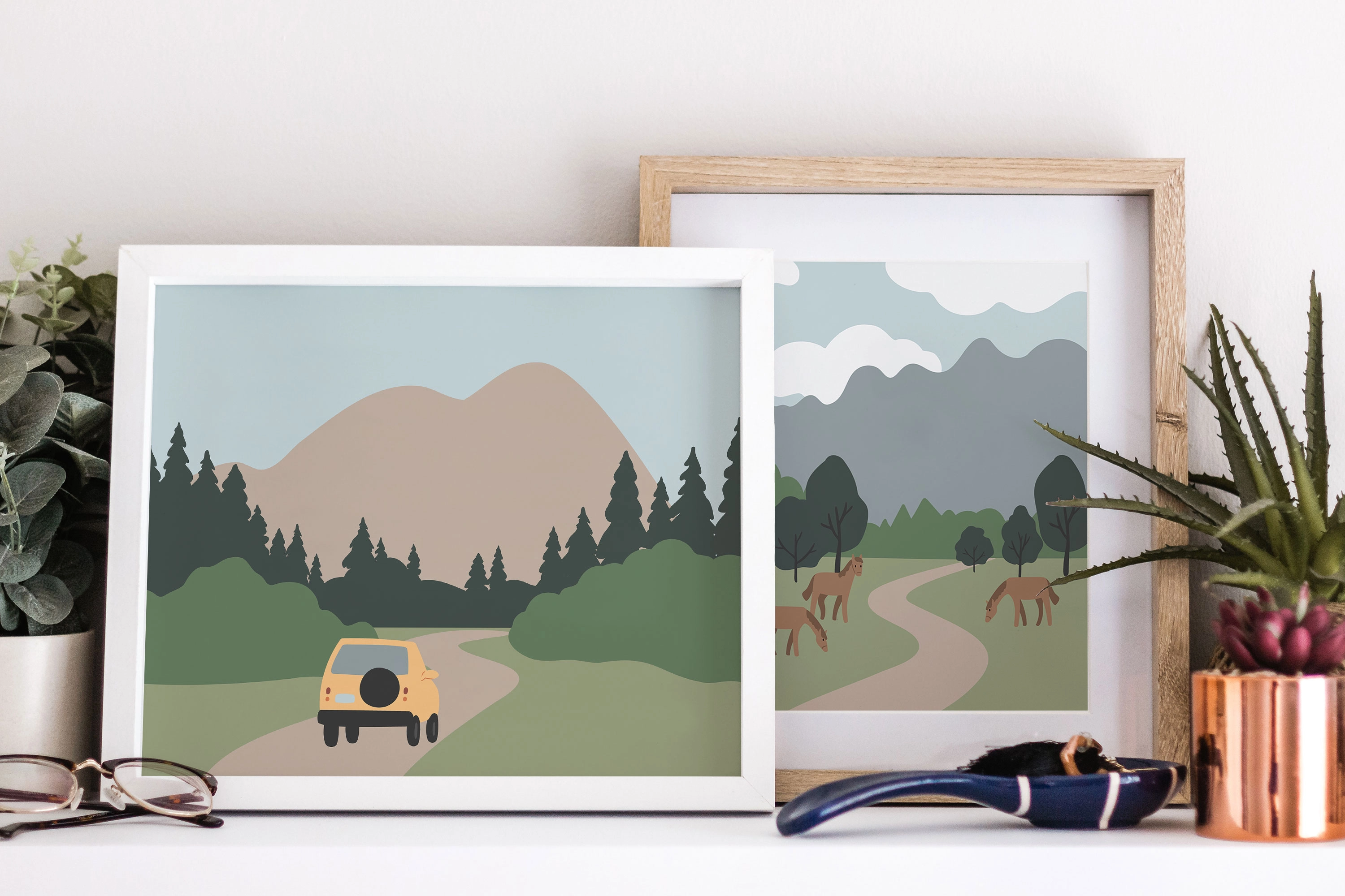 Набор уютных иллюстраций о горном путешествии с туристами, долинами, озёрами и домашними животными в спокойных сценах - скриншот 8