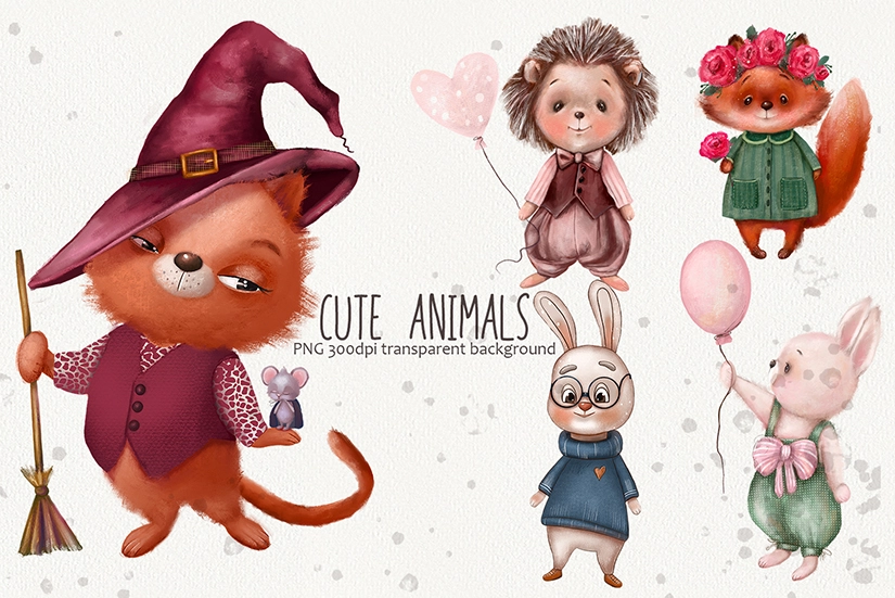 Милые животные — акварельный клипарт PNG - превью главного изображения
