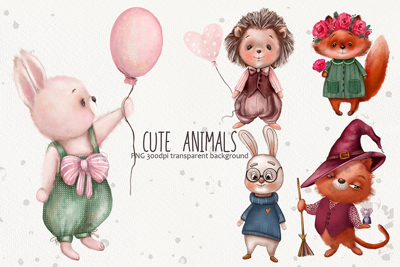 Милые животные — акварельный клипарт PNG - скриншот 1